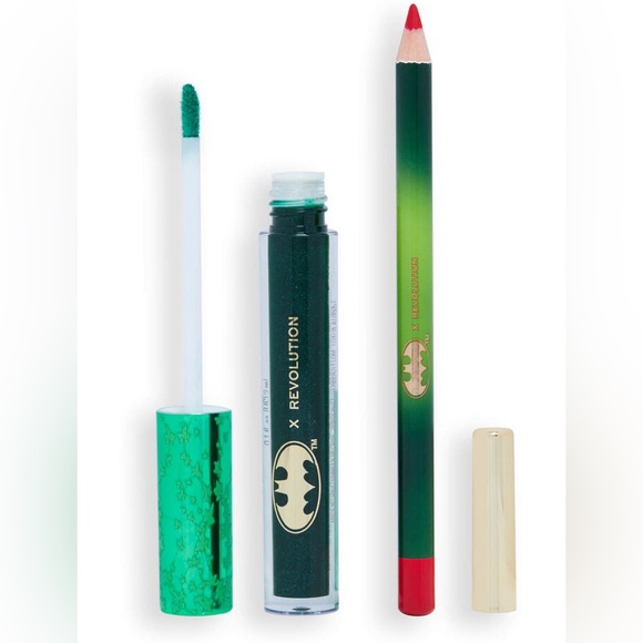 Revolution x DC Lucky Kiss Poison Ivy Lip Kit Lipstick Lip Liner Green Red New - Picture 2 of 4